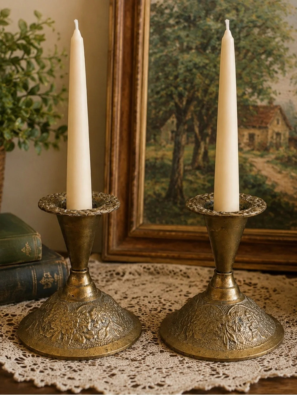 Vintage Goel India  Brass Taper Candle Holders Set of 2 Hand-Engraved Floral